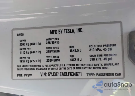 2020 Tesla Model 3 Standard Range Plus Rear-Wheel Drive/Standard Range Rear-Wheel Drive from USA, damaged, VIN 5YJ3E1EAXLF634671